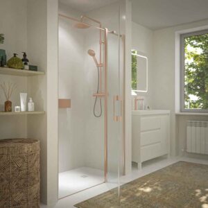 Divisória de duche frontal OPEN 1 fixo - 1 porta rebatível à medida acabamento DOURADO ROSA – imagem 2