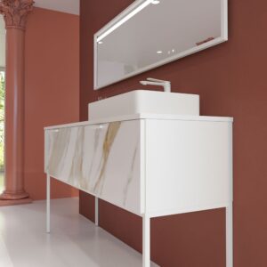 Móvel de casa de banho GRATE com pés 2 gavetas acabamento mármore CALACATTA DOURADO com tampo e lavatório SOLID SURFACE Fogo – imagem 2