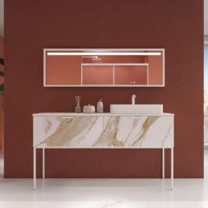 Móvel de casa de banho GRATE com pés 2 gavetas acabamento mármore CALACATTA DOURADO com tampo e lavatório SOLID SURFACE Fogo – imagem 1