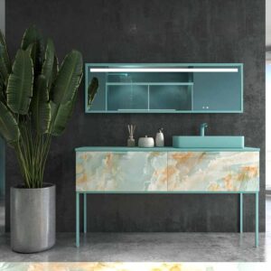 Móvel de casa de banho GRATE com pés 2 gavetas acabamento mármore ÓNIX AZUL com tampo e lavatório SOLID SURFACE Fogo – imagem 1