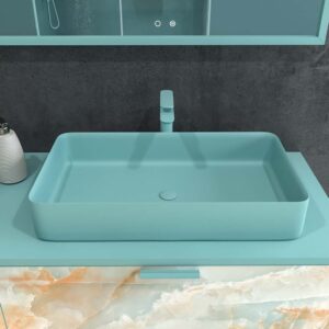 Móvel de casa de banho GRATE com pés 2 gavetas acabamento mármore ÓNIX AZUL com tampo e lavatório SOLID SURFACE Fogo – imagem 2