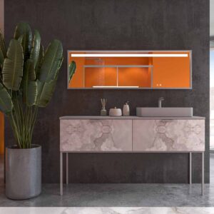 Móvel de casa de banho GRATE com pés 2 gavetas acabamento mármore ÓNIX CINZENTO com tampo e lavatório SOLID SURFACE Fogo – imagem 1