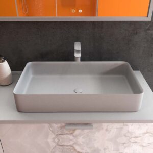 Móvel de casa de banho GRATE com pés 2 gavetas acabamento mármore ÓNIX CINZENTO com tampo e lavatório SOLID SURFACE Fogo – imagem 2