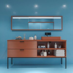 Móvel de casa de banho HOLE com pés 2 gavetas/1 nicho acabamento COBRE PARDO com tampo e lavatório FOGO Solid Surface – imagem 1