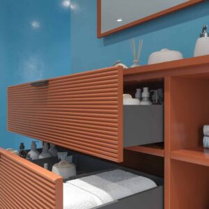 Móvel de casa de banho HOLE com pés 2 gavetas/1 nicho acabamento COBRE PARDO com tampo e lavatório FOGO Solid Surface – imagem 2