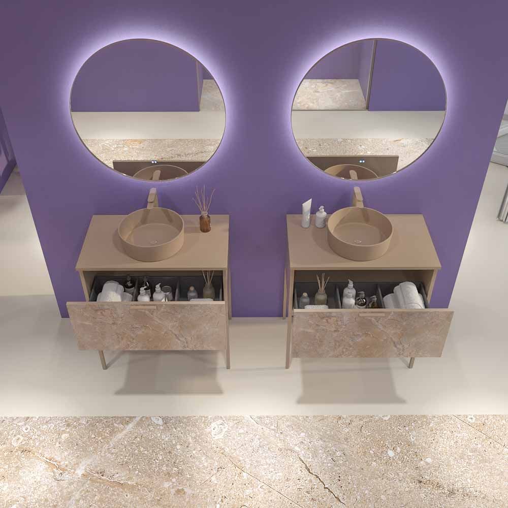 Móvel de casa de banho GRATE com pés 1 gaveta acabamento mármore ÓNIX MOKA com tampo e lavatório SOLID SURFACE Osiris – imagem 4