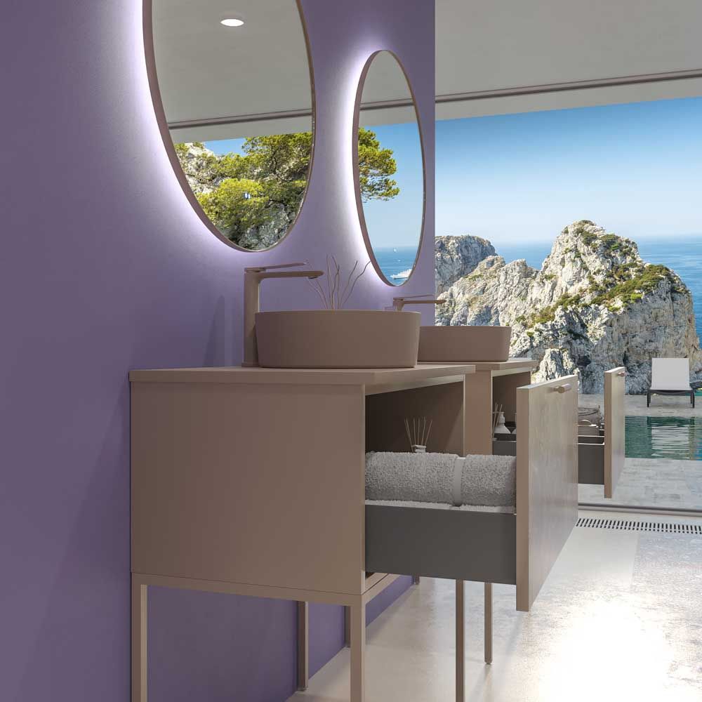 Móvel de casa de banho GRATE com pés 1 gaveta acabamento mármore ÓNIX MOKA com tampo e lavatório SOLID SURFACE Osiris – imagem 3