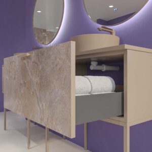Móvel de casa de banho GRATE com pés 1 gaveta acabamento mármore ÓNIX MOKA com tampo e lavatório SOLID SURFACE Osiris – imagem 2