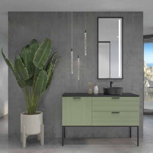 Móvel de casa de banho HOLE com pés 2 gavetas/1 porta acabamento VERDE PÁLIDO com tampo e lavatório Osiris Solid Surface PRETO – imagem 1