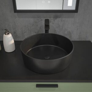 Móvel de casa de banho HOLE com pés 2 gavetas/1 porta acabamento VERDE PÁLIDO com tampo e lavatório Osiris Solid Surface PRETO – imagem 2
