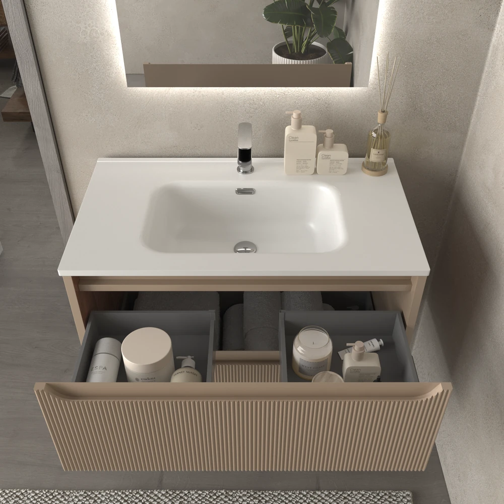 Móvel de casa de banho suspenso 2 gavetas TOSCANA com lavatório de porcelana acabamento millerigue MOKA – imagem 4