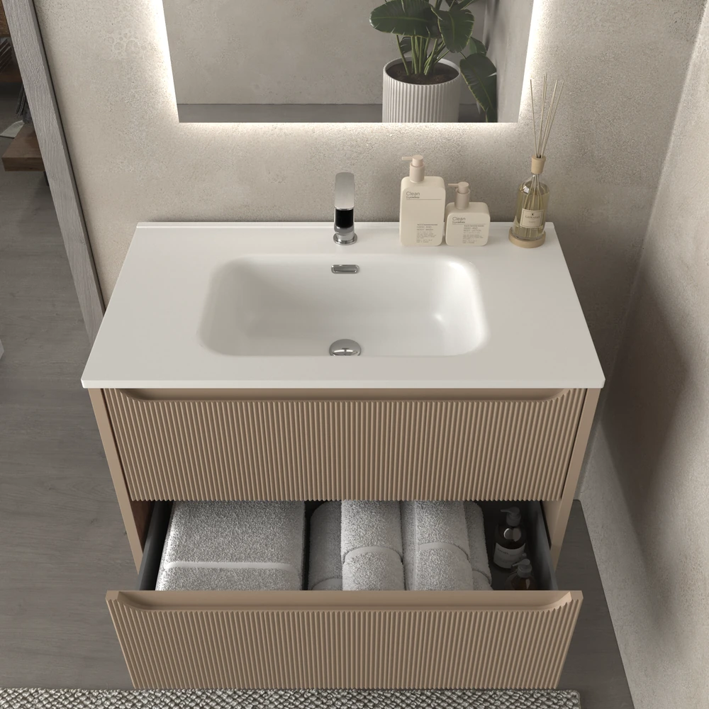 Móvel de casa de banho suspenso 2 gavetas TOSCANA com lavatório de porcelana acabamento millerigue MOKA – imagem 2
