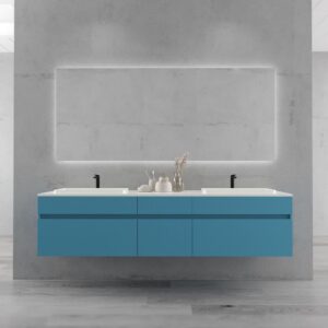Móvel de casa de banho suspenso DUNE 6 gavetas com tampo SOLID SURFACE 2 cubas AZUL OCEANO – imagem 1