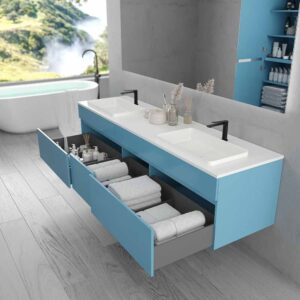 Móvel de casa de banho suspenso DUNE 6 gavetas com tampo SOLID SURFACE 2 cubas AZUL OCEANO – imagem 2