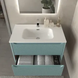 Móvel de casa de banho suspenso 2 gavetas TOSCANA com lavatório de porcelana acabamento millerigue TURQUESA – imagem 2