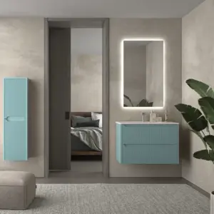 Móvel de casa de banho suspenso 2 gavetas TOSCANA com lavatório de porcelana acabamento millerigue TURQUESA – imagem 1