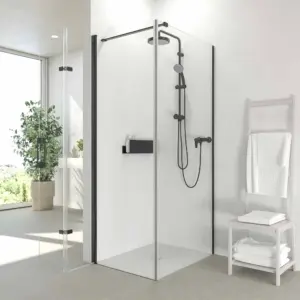 Cabine de duche SINTESIS: 1 painel fixo de 75 cm + 1 porta rebatível de 79 cm; altura especial de 170 cm; acabamento preto mate.
